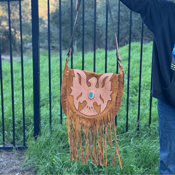 American Darling Eagle Turquoise Stone Fringe Crossbody Bag - Picture 3 of 8